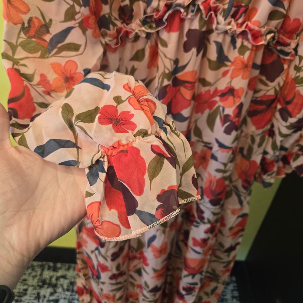 NWT Medium Pink Floral V-Neck Long-sleeved Midi Dress [0176-P] - Picture 5 of 9